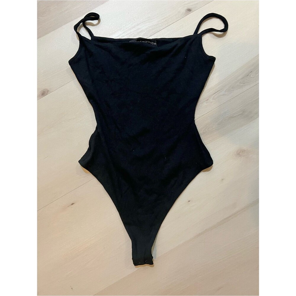 Naked Wardrobe NEW Women Black Spaghetti Strap Ribbed Knit Bodysuit